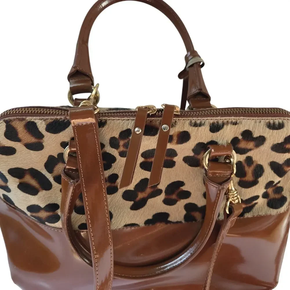 IACUCCI Italy Leather Leopard Haircalf Satchel Bag Brown Gold Hardware